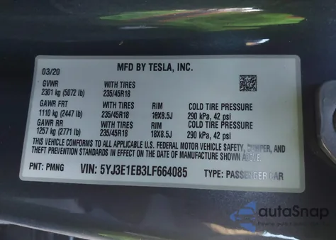 2020 Tesla Model 3 Long Range Dual Motor All-Wheel Drive from USA, damaged, VIN 5YJ3E1EB3LF664085